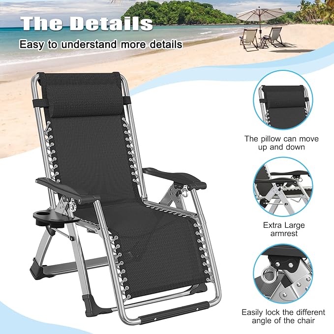Zero Gravity Chair, Lawn Recliner, Reclining Patio Lounger Chair, Folding Portable Chaise with Detachable Soft Cushion, Cup Holder, Headrest