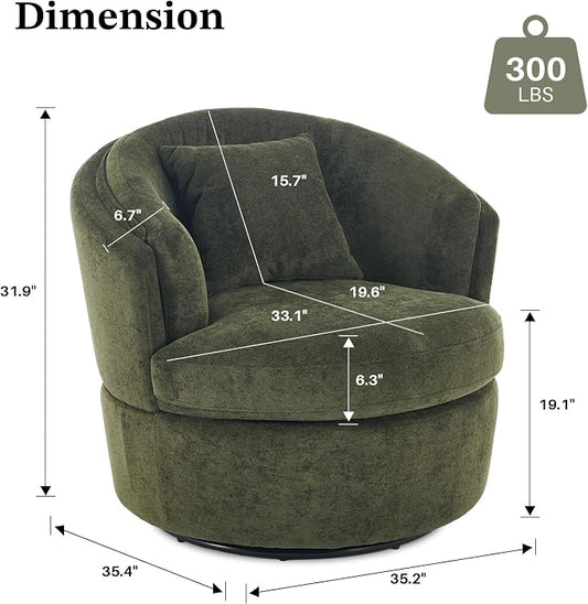 Swivel Accent Chair, 360 Degree Round Swivel Barrel Chair with Pillow, Widened Upholstered Comfy Barrel Armchair for Living Room Bedroom Reading Room, Green