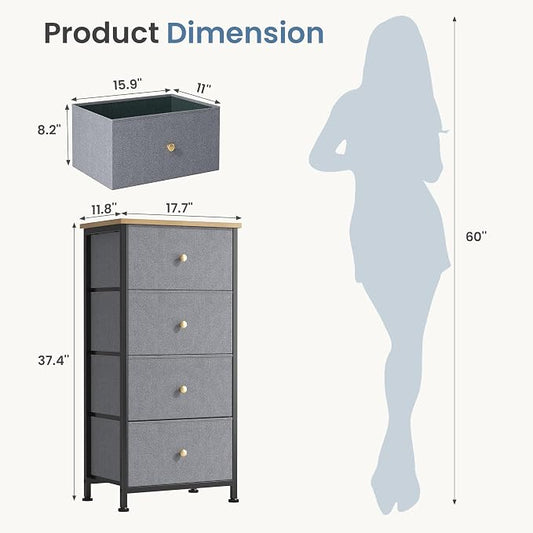 DUMOS Nightstand with 4 Drawers, Bedside Table with Removable Fabric Bins, Sturdy Steel Frame Wood Top Organizer Furniture for Bedroom Closet Living Room, Gray Blue