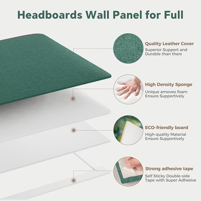 12-Piece Green Linen Upholstered Headboard King Size, Wall Mounted Panel Set, Lush Fabric Headboard & Wall Decor for Bedroom