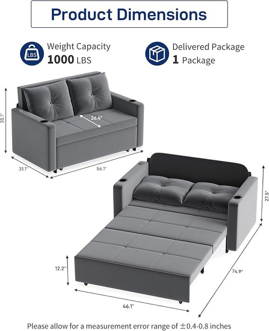 Krcix 3 in 1 Pull Out Couch, 56 Inch Velvet Sofa Bed, Convertible Sleeper Sofa for Living Room, Small Space, Upholstered Loveseat Couch Bed with USB, Cup Holder Charcoal Grey
