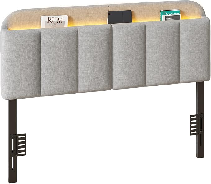 Queen Size Adjustable Headboard, Upholstered Headboard with Storage, APP Controlled LED Light, Padded Head Board Only, Sturdy Metal Foot Frame, Vertical Channel Design for Bedroom, Grey