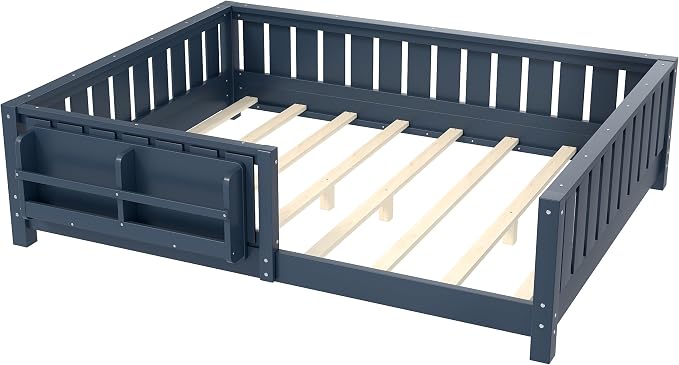 Bellemave Full Size Montessori Floor Bed with Slats and Fence, Full Size Montessori Bed with Rails and Bookcase, Easy Assemble Floor Beds Frame,Blue