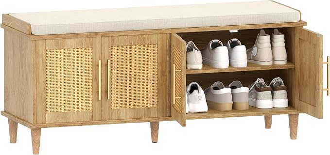 Akxomel Rattan Shoe Storage Bench with Cushion, 2-Tier Entryway Bench with Adjustable Shelves and 4 Doors, 15" D x 47.2" W x 20" H, Solid Wood Legs, for Hallway, Living Room, Bedroom, Natural Oak