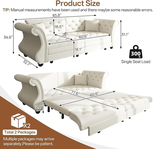 83.8" Oversized Pull Out Sofa Bed, Chesterfield Velvet Sleeper Sofa Couch with Roll Arm & Flower Tufting, Heavy Duty Metal Frame Convertible Sofa for Living Room, Apartment, Guest Room, Beige