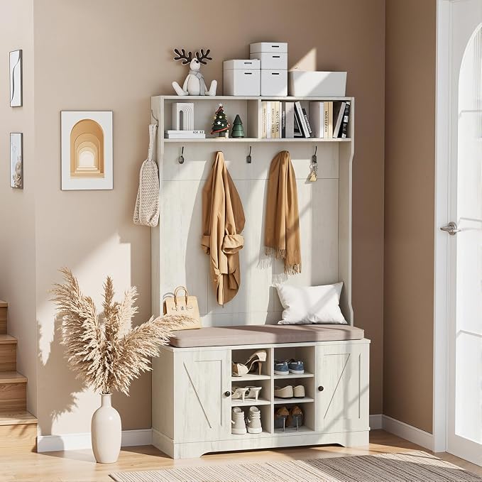 71" Hall Tree with Bench and Shoe Storage, Entryway Hall Tree with 2 Doors and 6 Adjustable Shelves, Cushioned Storage Bench with Coat Rack for Hallway, Living Room, Mudroom