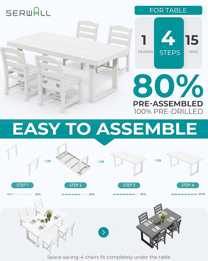 SERWALL HDPE Outdoor Dining Set for 4, 67'' Patio Table and Chairs Set | with Armless Seat