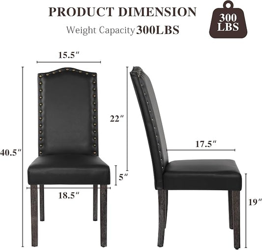 LSSBOUGHT PU Dining Chair Set of 4 Upholstered Parsons Kitchen Chair with Copper Nails and Solid Wood Legs for Dining Room,Restaurant(Black)