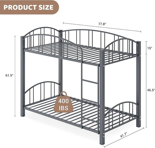 IDEALHOUSE Twin Over Twin Bunk Bed Frame, Twin Bunk Bed Frame with Heightened Arched Guardrail and Safety Ladder, Sturdy Steel Bed for School, Bedroom, Easy Assembly, Modern Matte Gray