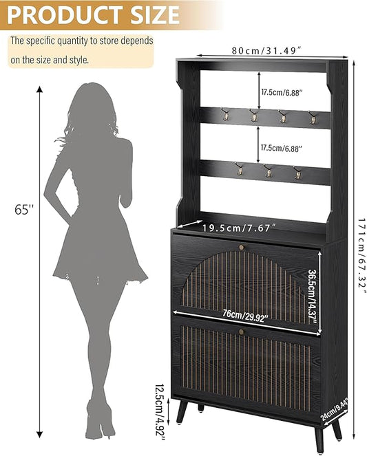Fsbecl Shoe Cabinet for Entryway with 2 Flip Drawers & Coat Rack, Narrow Hidden Shoe Storage Cabinet with Fluted Panel, 2-in-1 Hall Tree Slim Freestanding Shoe Rack Organizer for Hallway, Black