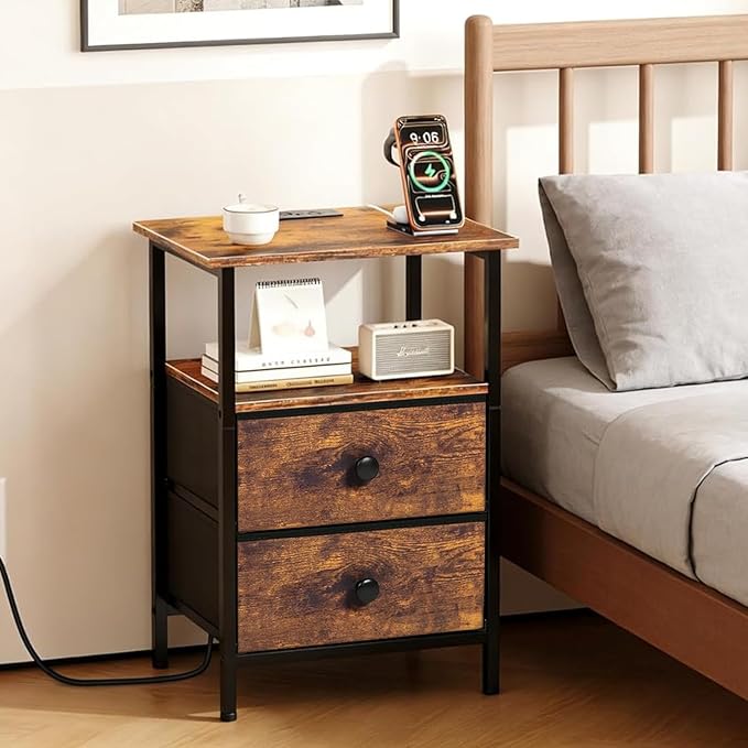 Nightstand with Charging Station, Bedside End Table with 2 Fabric Drawers for Bedroom, Side Table with USB Ports and Outlets, Rustic Brown
