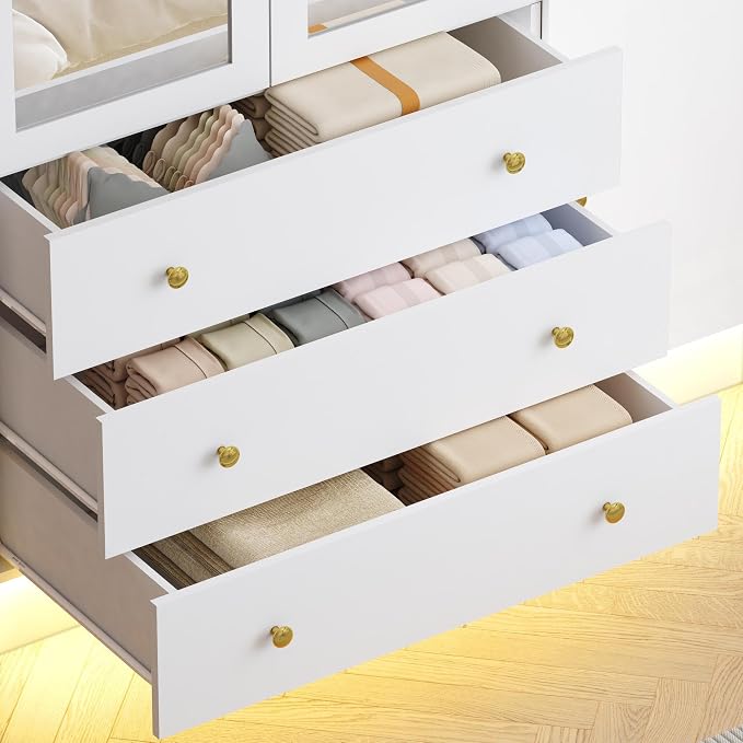 3 Doors Mirrored Wardrobe Armoire Closet with Drawers, LED Armoire Storage Cabinet with Adjustable Shelves & Hanging Rod, 74.8" H Freestanding Clothing Storage Cabinet for Bedroom, White
