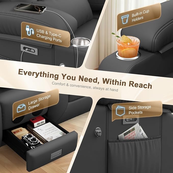 Power RV Loveseat Recliner Sofa, Reclining Loveseat with Flip Back Console, Home Theater Seating with USB Ports, Cup Holders, Wall Hugger Recliners for Movie Room, Gray
