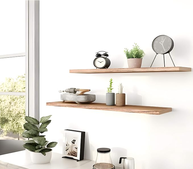 YYWUOJJ Wood Floating Shelves for Wall, Rustic Wall Shelves for Bedroom, Wall Mounted Floating Shelf, Set of 4 Light Walnut 36 Inch