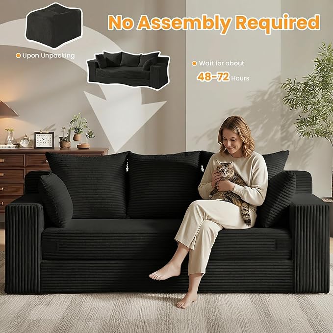 Convertible Sofa Bed, Pull Out 3 Seater Sleeper Sofa, 70" Black Boneless Couch Fold Out Floor Couch with 5 Pillows for Living Room Bedroom Lounge Small Space