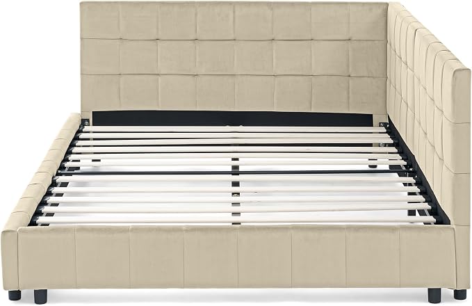 Bellemave Full Size Corner Bed Frame with Comfortable Backrest and Armrests, Velvet Tufted Corner Bed Frame Full Size, Upholstered Daybed for Bedroom, Living Room, Guest Room, Beige