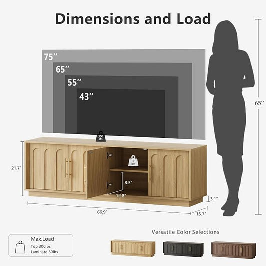 FORTUNETEC TV Stand for 75 Inch TV, Mid Century Modern TV Stand with Arched Design, Wood Grain Finish, Boho Media Console with Adjustable Shelves, 67" Entertainment Center for Living Room Bedroom, Oak