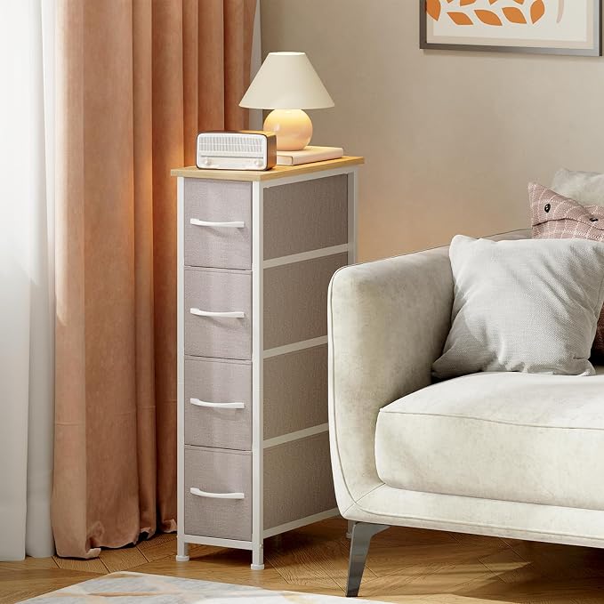 Somdot Narrow Dresser with 4 Drawers, Slim Storage Organizer Chest of Drawers with Removable Fabric Drawers for Small Spaces Bathroom Closet Bedroom Laundry, Ash Grey