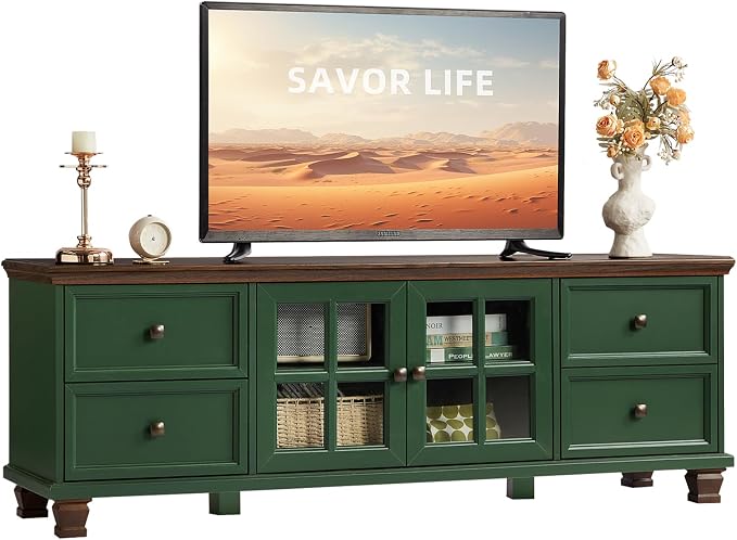 SAVOR LIFE Farmhouse TV Stand for Living Room, Rustic Green Entertainment Center with Storage Cabinet,Wood TV Console with 4 Drawers,Modern TV Stands for Bedroom,Green