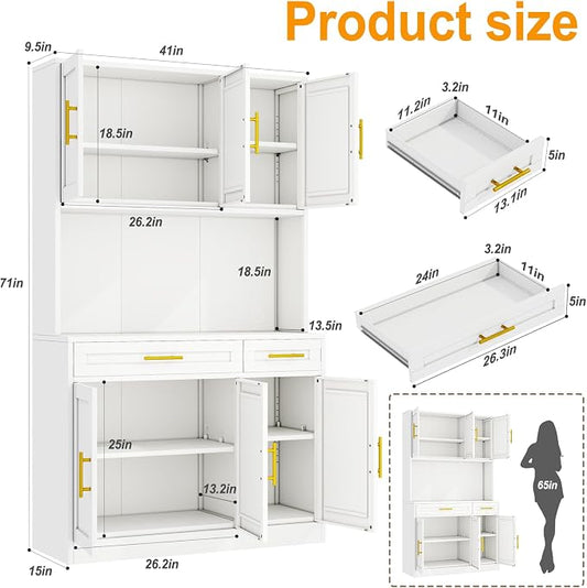 GAIOUS 71" Metal Kitchen Pantry Cabinet, Buffet Sideboard with Drawers | 6 Doors 4 Adjustable Shelves Open Countertop Charging Cable Hole Coffee Bar Cabinet Cupboard for Dining Living White
