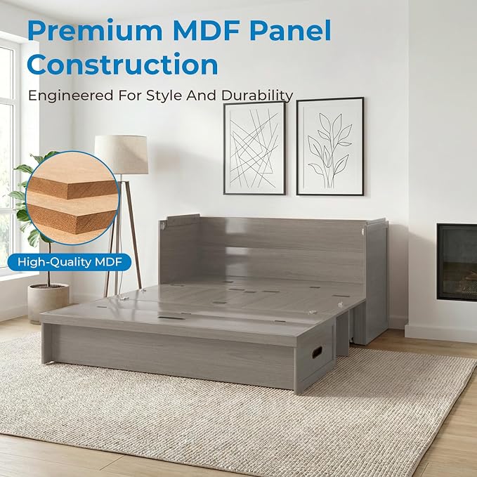 Mjkone Queen Size Murphy Cabinet Bed with Mattress Include, Queen Cube Cabinet Bed with Storage Drawer, Modern Murphy Beds with USB Charging Station for Guest Room Living Room Apartment, Grey