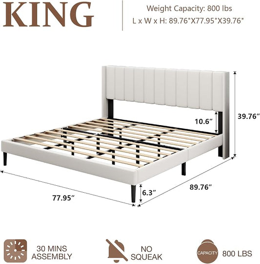 Sismplly King Size Bed Frame and Headboard,Vertical Channel Tufted Wingback No Box Spring Needed, Mattress Foundation, Easy Assembly White