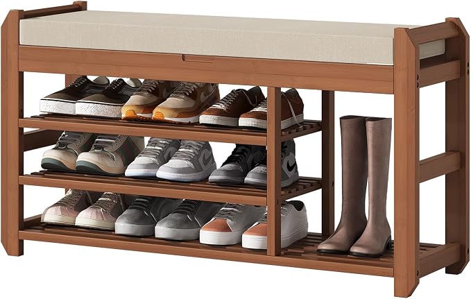 39.4" Bamboo Shoe Bench with Cushion, 3-Tier Adjustable Storage Bench for Entryway, Heavy Duty Shoe Rack Organizer with Removable Soft Cushion for Living Room Bedroom Hallway
