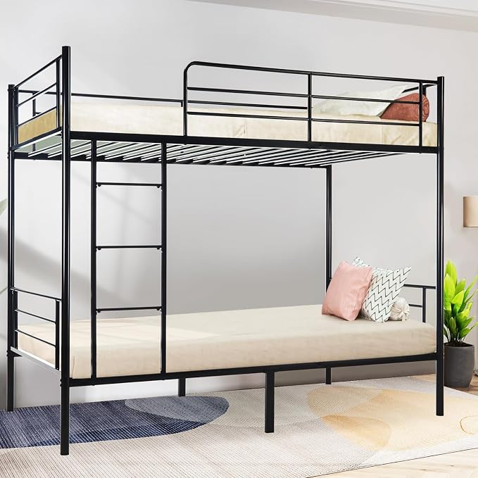 Bunk Bed Twin Over Twin with Ladders and Guardrail,Sturdy Literas Heavy Duty Metal Slats,400 lbs Capacity,No Spring Box Required,Black