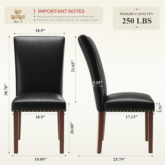 COLAMY Parsons Dining Chairs Set of 6, PU Leather Dining Room Kitchen Side Chair with Nailhead Trim and Wood Legs - Black