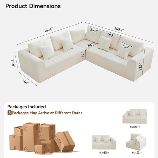 110'' Boneless Modular Couches for Living Room, Compressed Cloud Sectional Modern Sofa, L Shaped 5 Seater Upholstered Memory Foam Oversized Sofa, No Assembly, Chenille Beige