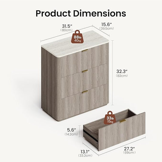 ModernMate 3 Drawer Dresser with Curved Profile & Faux Travertine Texture, 31.5" Large Nightstand Anti-Tip Chest of Drawers for Bedroom, Living Room, Wood Grain Gray