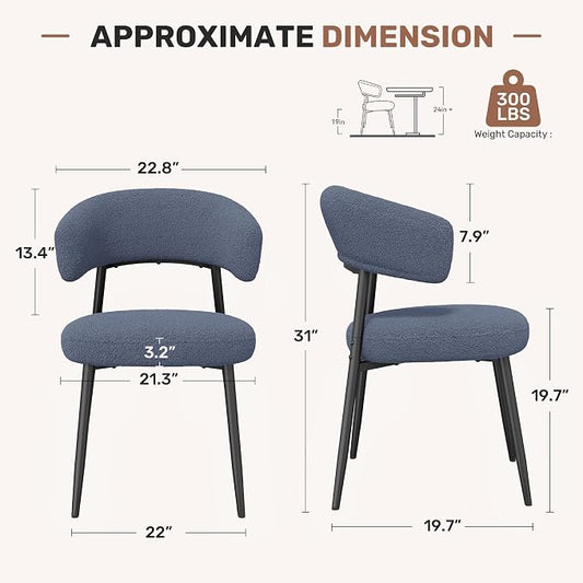 Dining Chairs Set of 4, Mid Century Modern Kitchen Chairs, Boucle Upholstered Dining Chair with Curved Backrest & Metal Legs for Kitchen Dining Room, Dark Blue