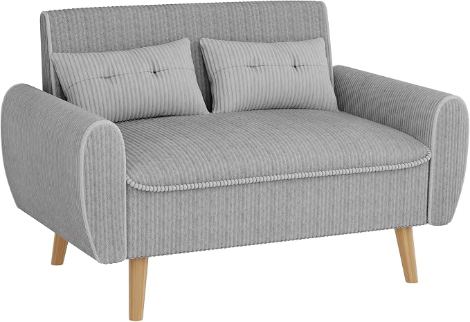 Shintenchi 48'' Loveseat Sofa, Mid-Century Modern Upholstered Couch Deep Seat with 2 Pillows, 10" Thick Cushion with Spring, Solid Wood Frame Small Couch for Living Room, Dorms & Office, Light Grey