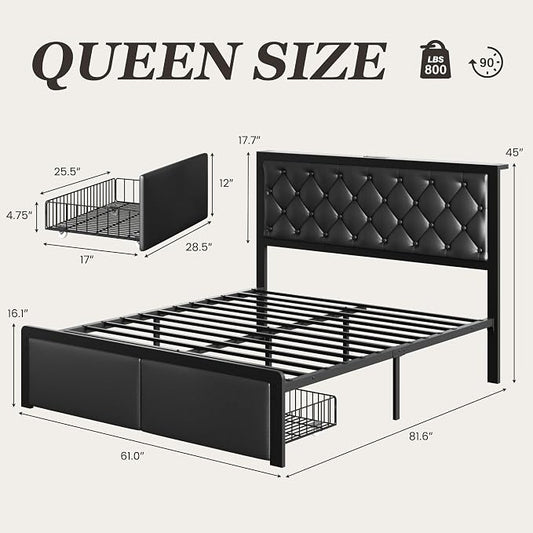 Fluest Queen Bed Frame with 2 Storage Drawers, Upholstered Headboard Button Tufted Bed Frame with Charging Station, No Box Spring Needed, Noise-Free, All Metal Structure, Black