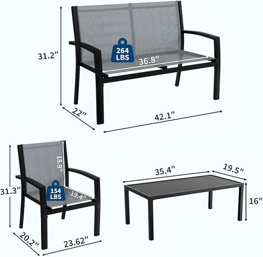 Garvee 4 Piece Patio Bistro Furniture Set, Outdoor Conversation Set with 3 Chairs, Loveseat & Glass Coffee Table, All-Weather Textilene Fabric & Steel Frame for Backyard, Poolside, Porch, Lawn - Grey