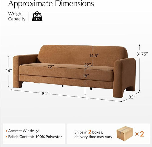 HULALA HOME 84" Modern Curved Sofa, 3 Seater Sofa for Living Room, Caramel