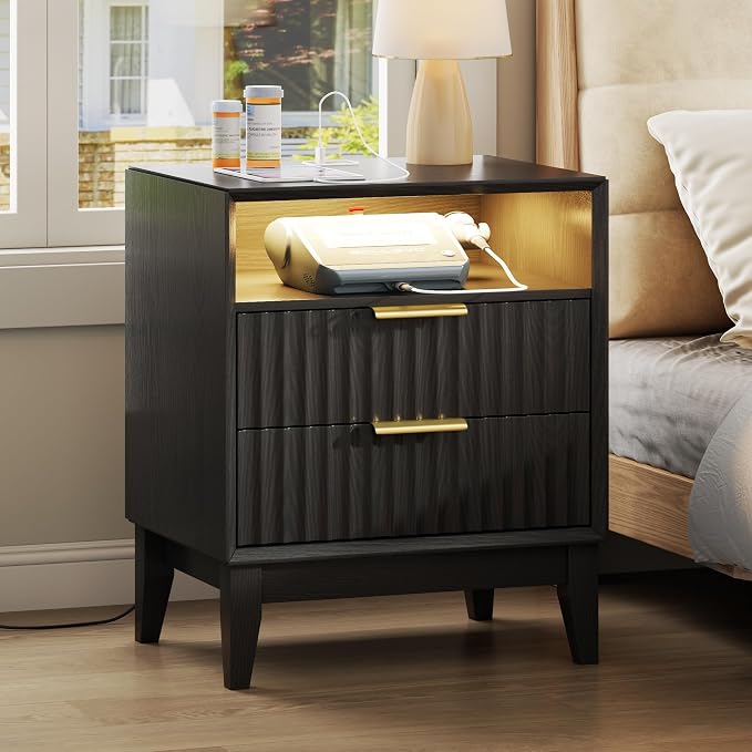 LVSOMT 20“ W Fluted LED Nightstand with Charging Station, RFID Lock, Black | Bedside Table with Hidden Drawer, 2 Drawers, Open Cubby, Motion Sensor, USB and Type-C Ports, Night Stand for Bedroom
