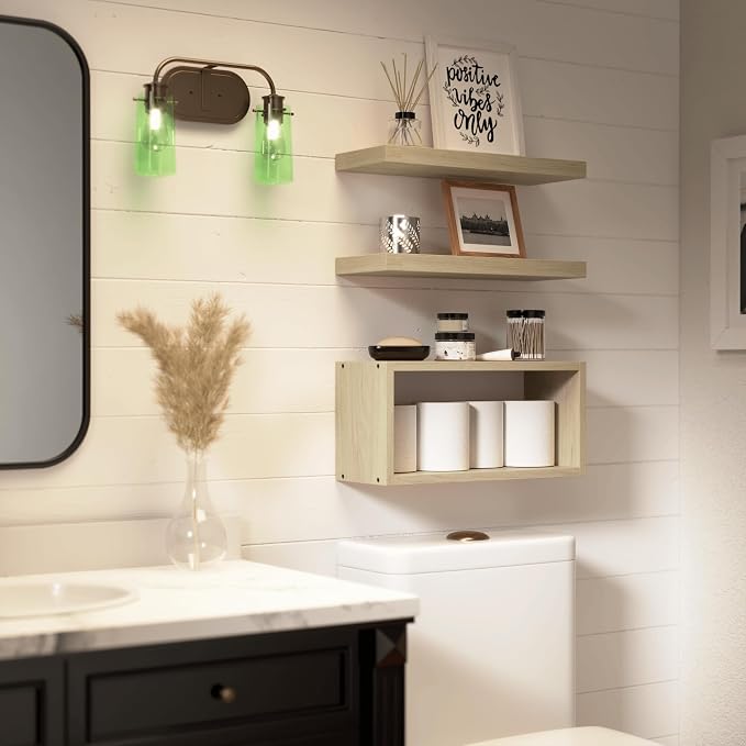 RICHER HOUSE Floating Shelves Set of 3, Modern Bathroom Shelves Wall Mounted with Invisible Brackets Over Toilet, Rustic Wall Shelves for Bathroom Bedroom, Living Room, Kitchen - Light Brown