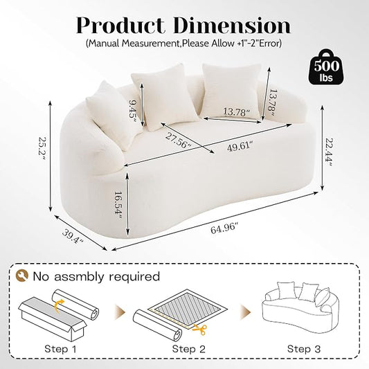 65" Curved Loveseat,Deep Seat Cloud Floor Couch with 3 Backrest,Cozy Chenille Fabric,Small Loveseat for Small Spaces,Bedroom,Office,Apartment (White, 65 Inch)