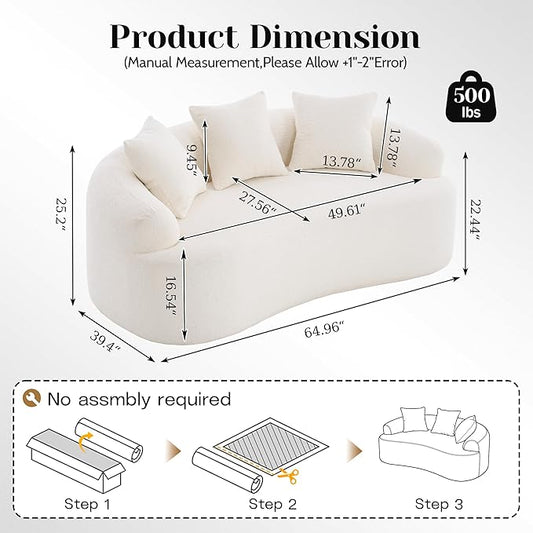 65" Curved Loveseat for Small Spaces,Boneless Loveseat Sofa,Wood Grain Chenille Fabric, No Installation Requirement, Curved Sofa Couch for Apartment,Living Room,Office (Cream White, 65")