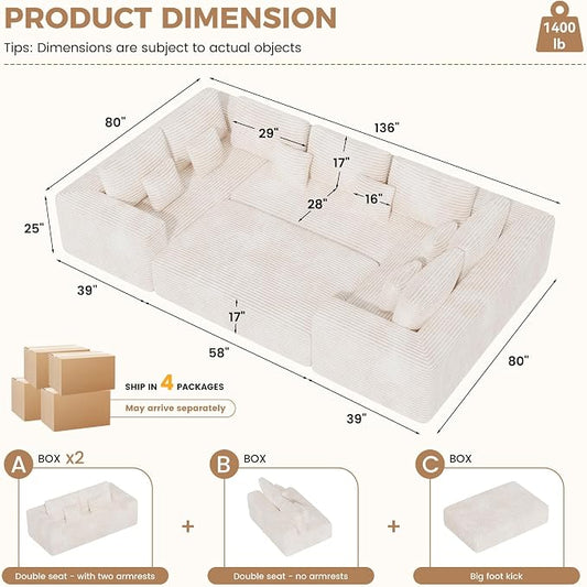 Luxanimarion 136'' Large Sectional Cloud Couches with Chaise, U Shaped Boneless Sofa Bed with Ottoman, No Assembly Required Deep Seat Modular Lounge for Living Room 4PCS Set, Bedroom(Beige)
