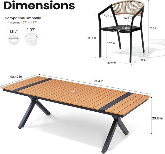 Pellebant Aluminum 11-Piece Outdoor Dining Table Set for 8-10 Person | Patio Stackable Chair with U-Shaped Wicker Backrest, 94" Table with Wood-Grain Top & Umbrella Hole, Aluminum Frame Furniture