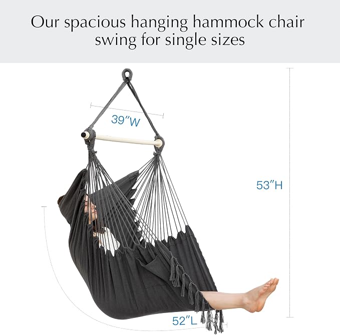 PNAEUT Hammock Chair with Tassel Hanging Rope Swing for Outside Indoor for Bedroom, Outdoor, Patio (Dark Gray with Tassels)