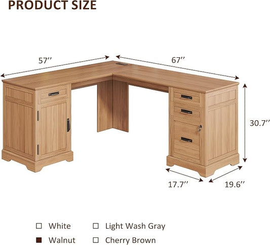 Whalefall 67'' Farmhouse L-Shaped Desk with Drawers for Home Office, Walnut | Computer Corner Desk with File Cabinet and Charging Station, Large Executive L Desk with Locking Drawers Storage