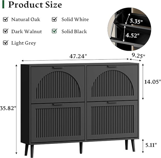 Xixini Shoe Storage Cabinet with 4 Flip Drawers, 36" Freestanding Wood Fluted Shoe Organizer for Entryway, Tall Narrow Wooden Hidden Slim Shoe Rack for Front Door Entrance, Hallway, Foyer, Solid Black