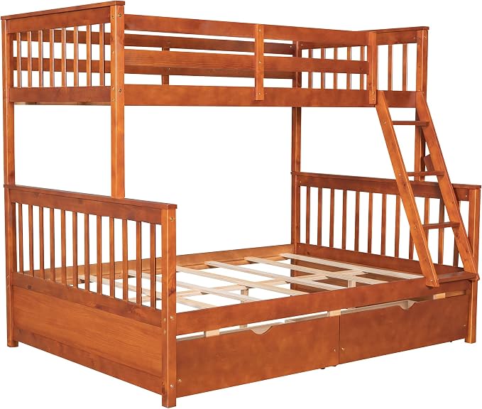 Merax Wood Bunk Bed with Drawers,Convertible Wood Bunk Bed with Ladders and Two Storage Drawers,Solid Wood Detachable Bed Frame with Ladders,Twin Over Full Size,Walnut