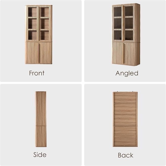 77" Tall Storage Cabinet - Fluted Pantry Cabinets with Glass Doors, Wooden Kitchen Food Cupboard, Adjustable Shelves, Modern Display Storage Closet for Living Room, Dining Room, Office, Oak 1pc