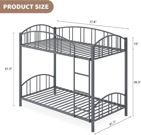 GarveeHome Metal Bunk Bed Twin Over Twin, Heavy Duty Bunkbeds Frame with Arched Guardrail and Safety Ladder, Sturdy Steel Bed for Kids Boys Girls, Space-Saving, No Box Spring Needed, Gray