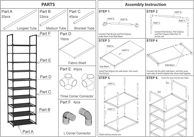 FIDUCIAL HOME 10 Tiers Shoe Rack Organizer 20 Pairs Tall Shoe Shelf | Tall Narrow Space Saving for Closet Entryway Dorm, Easy to Assemble, 17"L x 11"W x 68.8"H, Black
