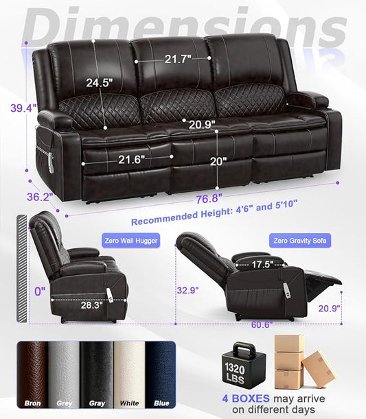 Power Loveseat Recliner Sofa, Removable Armrest 3 Seats Power Reclining Loveseat with Remote Liftable Console, Wall Hugger RV Theater Seating with Storage & USB & RGB (PU, Brown)